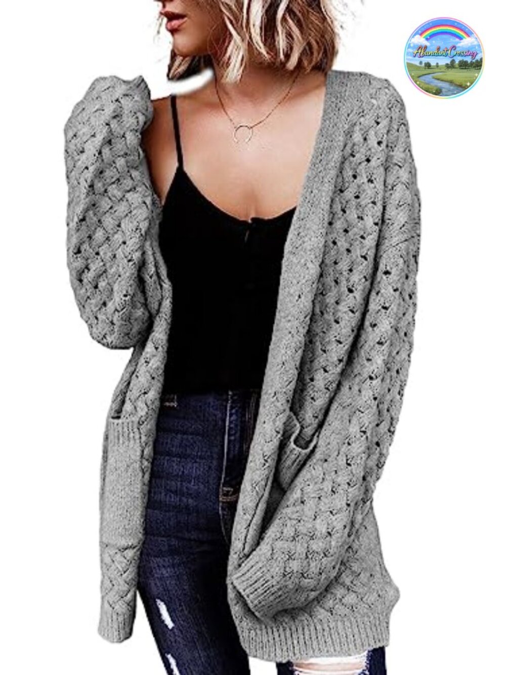Open Front Cable Knit Cardigan Sweater with Pockets Loose Fit